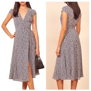 Reformation Carina Dress In Soho Blue Floral Wrap Midi Dress Medium white m